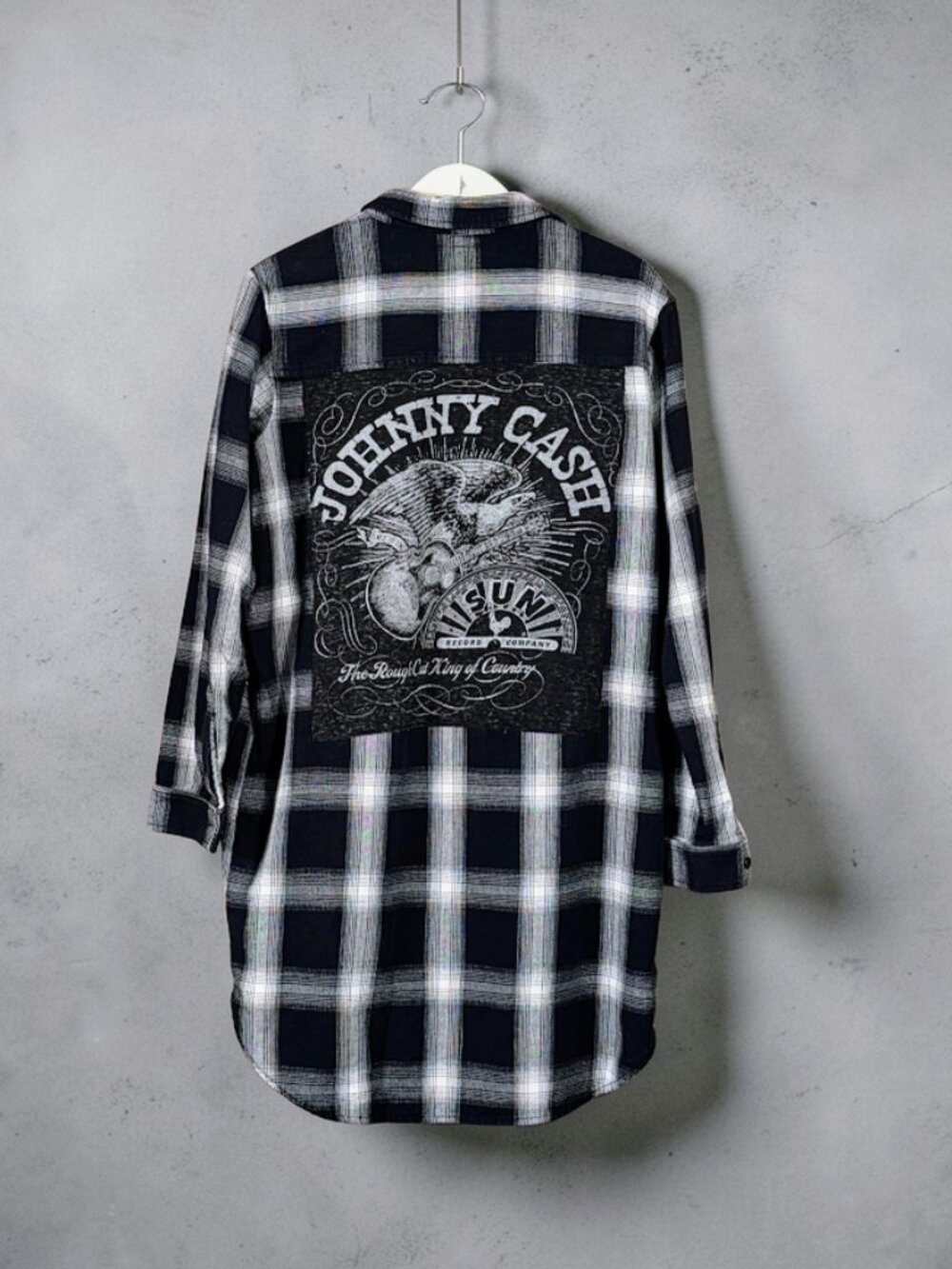 Upcycled Johnny Cash Plaid Belted Tunic Shirt Dress L